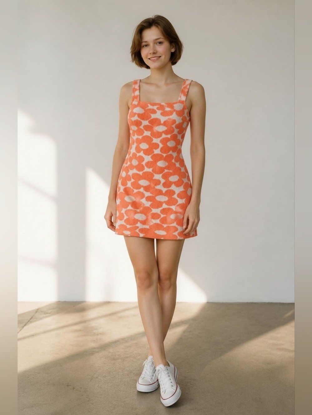 Cider Orange Floral Pattern Sleeveless Dress
